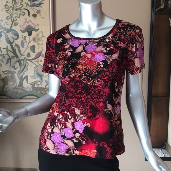 90’s Y2k Floral Black Red Mesh Blouse Graphic Shirt Short Sleeve Top Medium - Picture 2 of 13